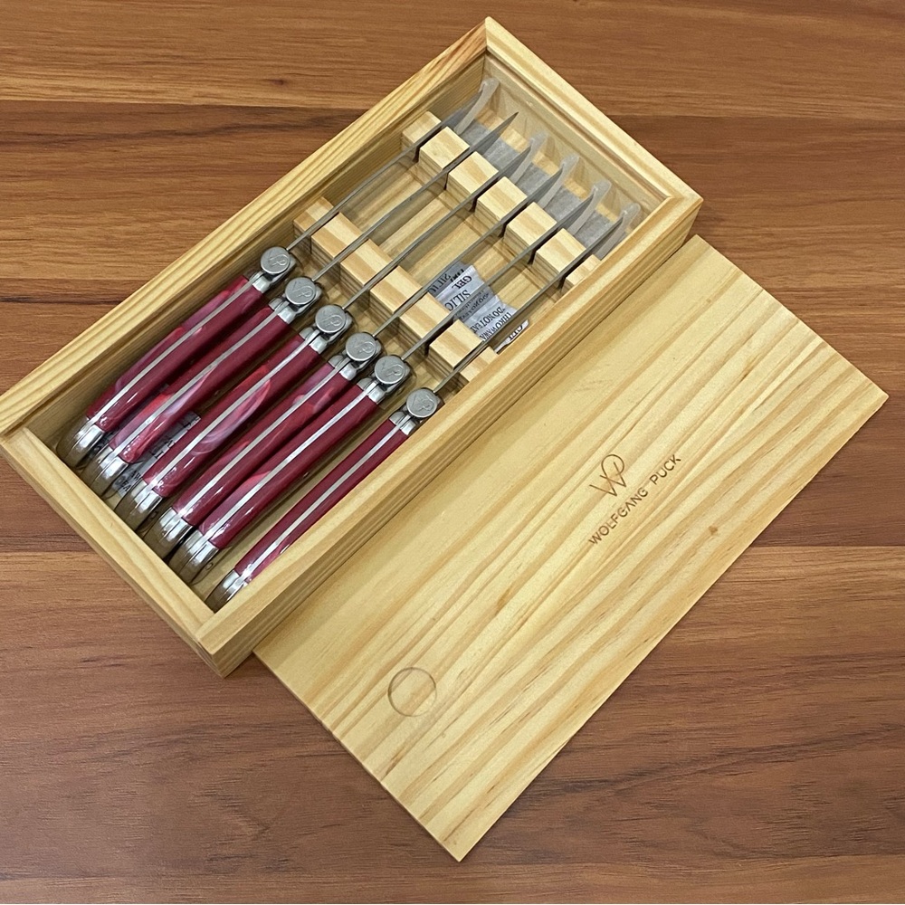 6pcs. WOLFGANG PUCK 4.5” Stainless Steel Steak Knife Set Wood Storage Box Red
